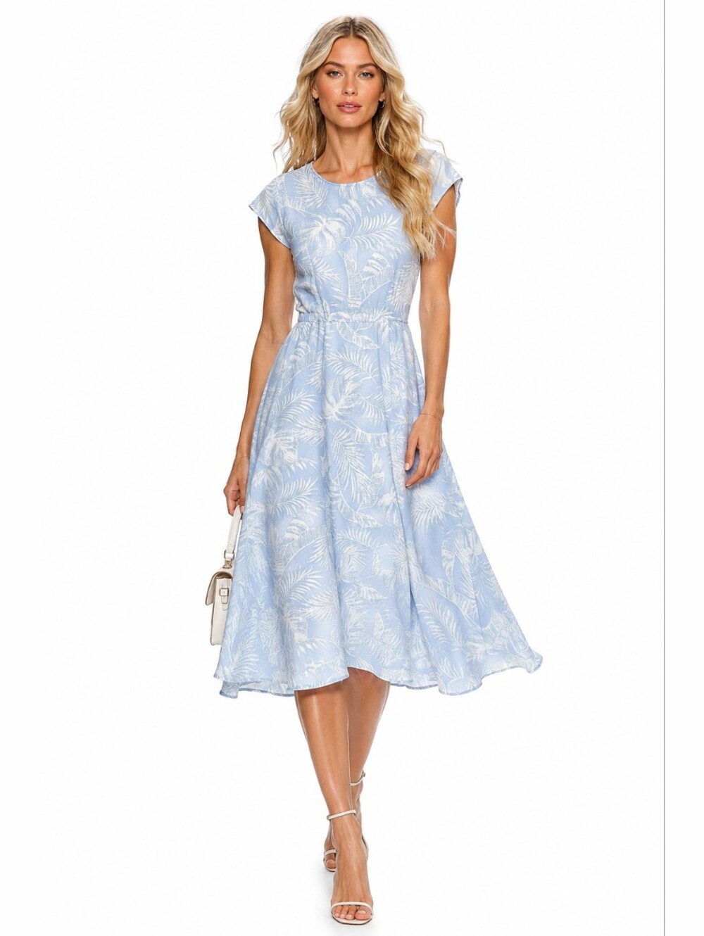 Böhme Light Blue Tropical Print Midi Dress | Size M | Fit & Flare Summer Dress